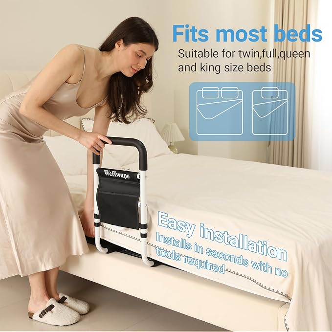WeHwupe Bed Rails for Elderly Adults Safety, Bed Assist Rail for Seniors -2026 Upgrade - ASTM Compliant, Bedside Fall Prevent Grab Bar with Storage Pocket- Fits King Queen Full Twin Bed