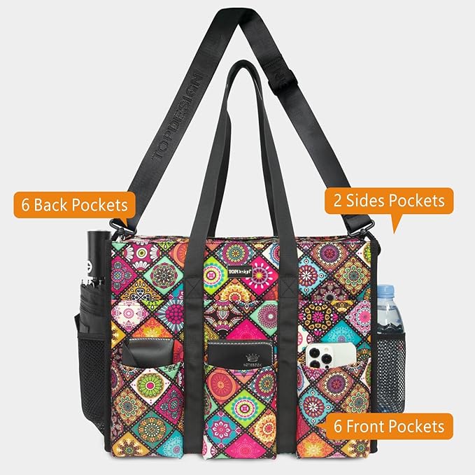 TOPDesign Utility Water Resistant Tote Bag with 22 Pockets, Top Zipper Closure & Thick Bottom Support, for Working Women