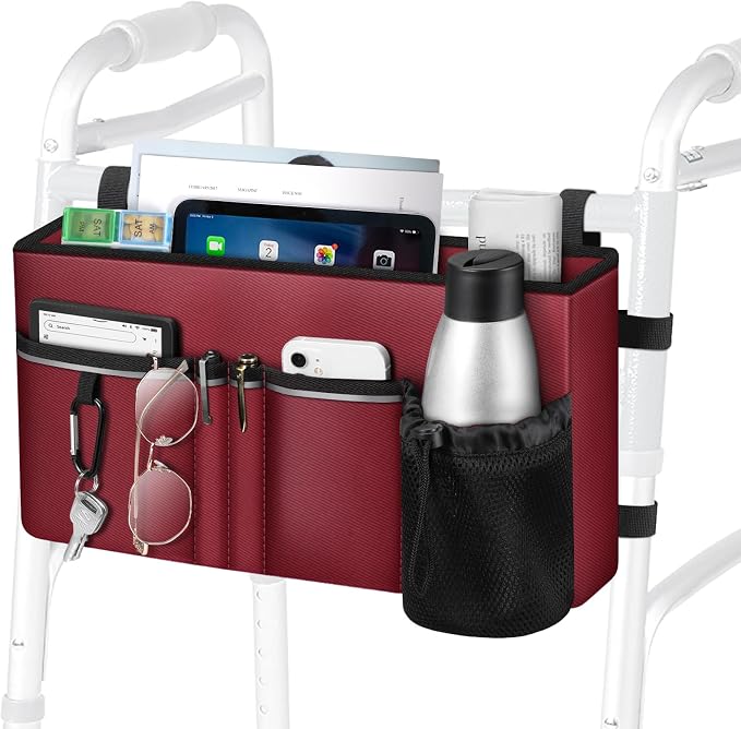 FINPAC Large Walker Tote Bag w/Cup Holder, Folding Walker Attachment Pouch | Water-resistant Polyester, Organized Pockets, Reflective Strip, Mobility Aid Storage Basket for Seniors, Burgundy