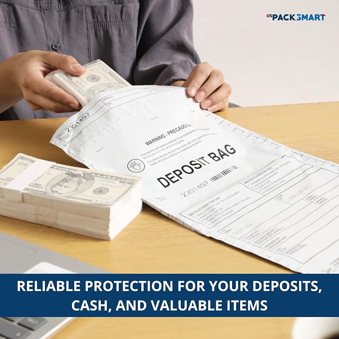 Opaque Plastic Deposit Bags 9"x12" | Secure Bank Deposits, Cash Handling or Safe Currency Transportation | Sequential Barcodes | Tamper-Evident | Tear-Off Receipt for Security | 100-Pack
