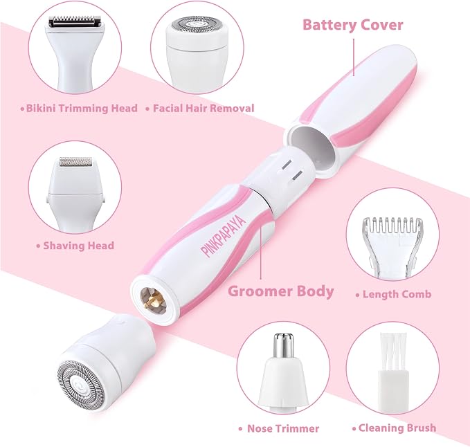 pinkpapaya 4in1 Nose Hair Trimmer for Women,Facial Hair Remover,Electric Face Shaver Razor for Nose Ear,Bikini Trimmer,Facial Hair Removal,ROSE/OI8J