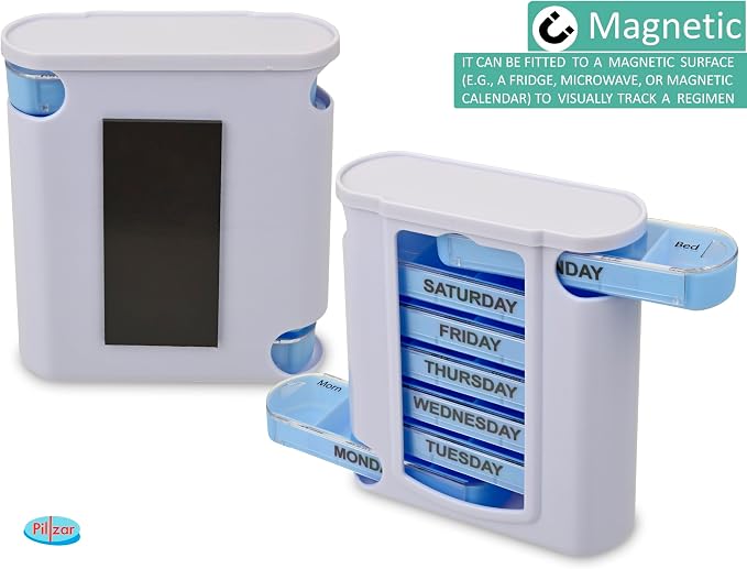 7 Day Pill Box Organizer, Hard Case with Embedded Magnet, 7 Stackable Trays, Perfect for Travel and Home Use.