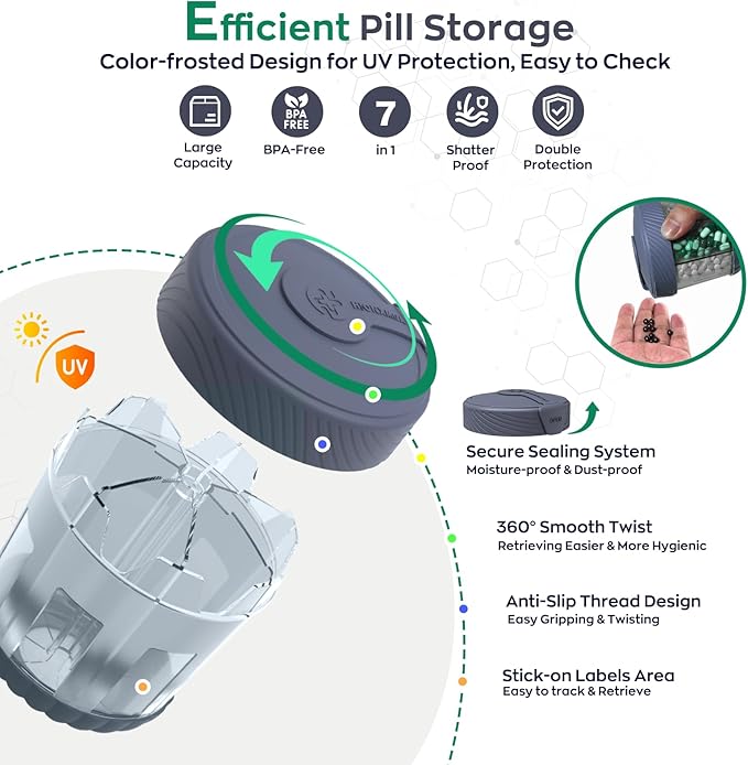Large Pill Dispenser, Portable Pill Bottle Organizer for 7 Vitamins, Anti-Mix Supplement Organizer with Easy Twist Wide Opening, BPA-Free Pill Container, 20 Pcs Labels Included, Gray