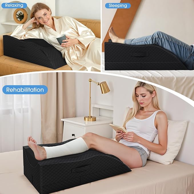 TranquilRelax Leg Pillow, Leg Elevation Pillow with Pad and Memory Foam, Height Adjustable Bolster Pillow for Legs, Leg Pillow Elevation Blood Circulation, for Post-Surgery, Full Black
