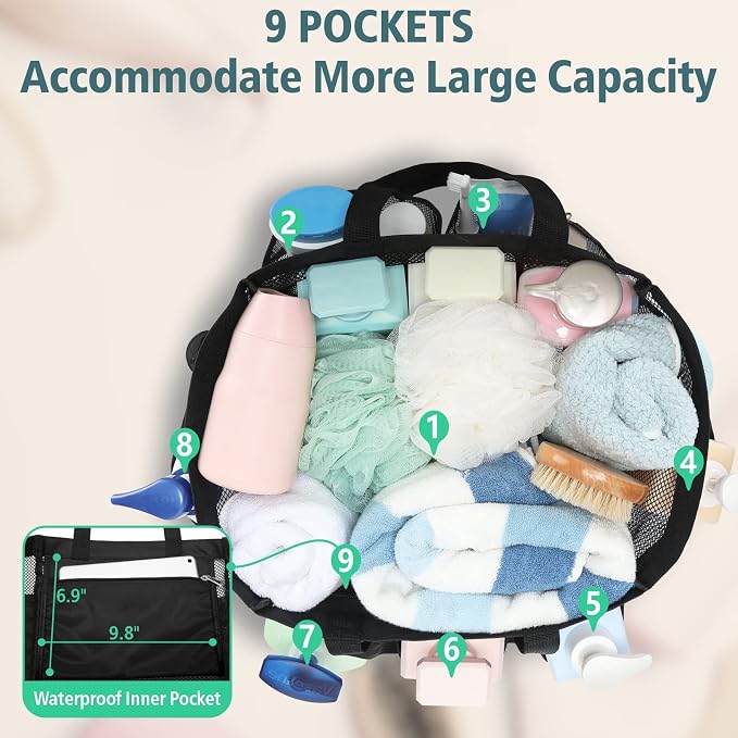 Mesh Shower Caddy Portable - 2 Packs, Extra Large Shower Bag for Dorm | 2 Pack, S-Hook, Quick-Dry, Hanging Toiletry Organizer, College Dorm Room Essentials for Girls, Gym, Travel & Bathroom, Black