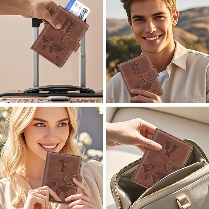 Passport Holder Wallet Cover Personalized Initial Travel Essentials | Embossed Letter A-Z Design, Travel Wallets, RFID Blocking, Passport Book Holders, Women Men, Personalized Gifts, Brown-T