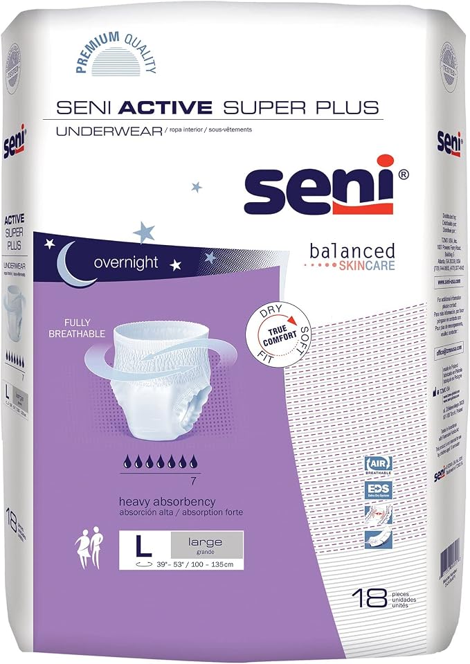 Seni Active Super Plus Unisex Adult Incontinence Underwear, Heavy Absorbency, Pull On Disposable Overnight Underwear for Men & Women (Large, 36, Count)