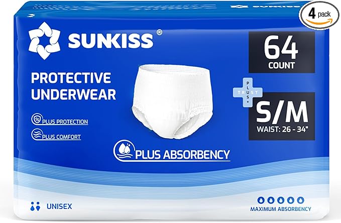 SUNKISS TrustPlus Incontinence Disposable Underwear for Men and Women, Adult Pull Ups with Heavy Absorbency, Leak Protection, Odor Control, S/M, 64 Count (4 Packs of 16)