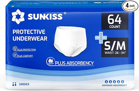 SUNKISS TrustPlus Incontinence Disposable Underwear for Men and Women, Adult Pull Ups with Heavy Absorbency, Leak Protection, Odor Control, S/M, 64 Count (4 Packs of 16)