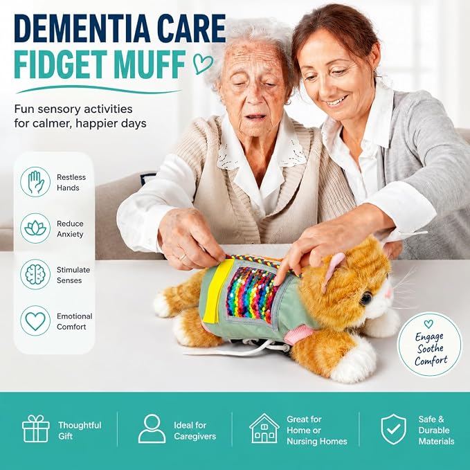 Fidget Blanket for Dementia, Fidget Cat Blanket for Elderly, Fidget Sensory Cat Blanket for Seniors with Alzheimer’s, Dementia Products for Elderly