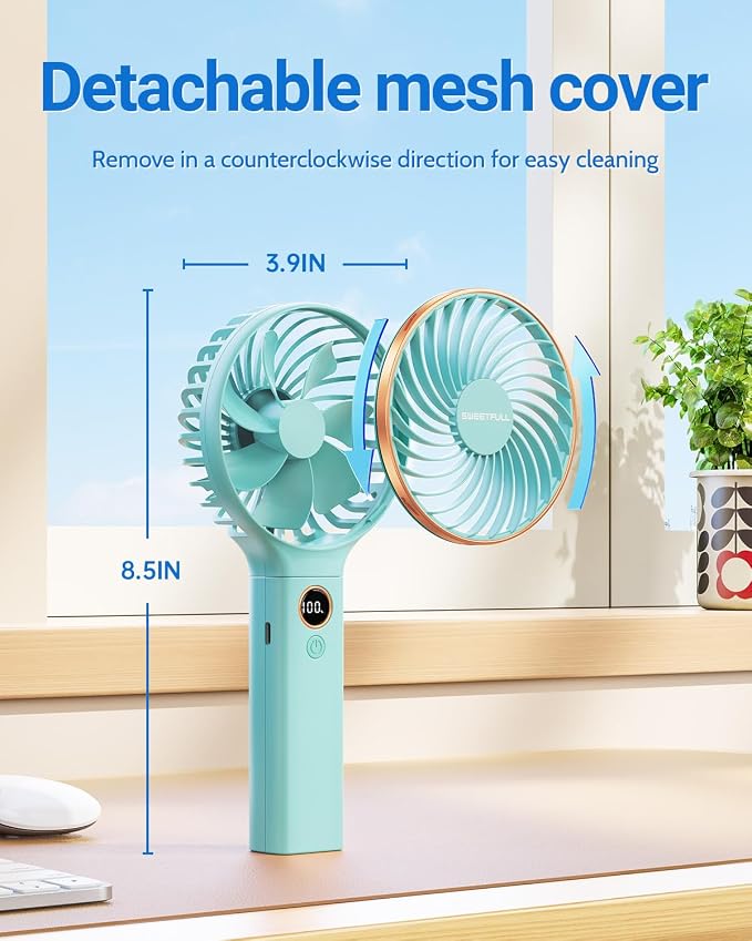 SWEETFULL Handheld Fan, Portable Fan, 5000mAh Rechargeable Battery, 6 Speed Wind, LED Display, Personal Mini Travel Fan with Backup Power, Hand Held Fan USB Foldable Electric Fan for Women Girl