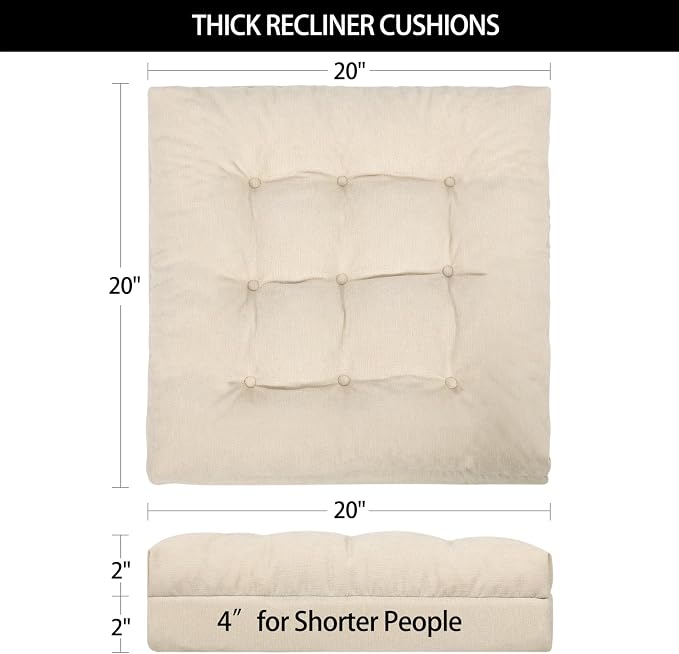 Recliner Cushions for Elderly, 20x20x4 Inch Thick Chair Cushion for Shorter Users Patent Design Soft Tufted Dual Layer Booster Seat Cushions for Seniors Recliner Risers Beige 1P