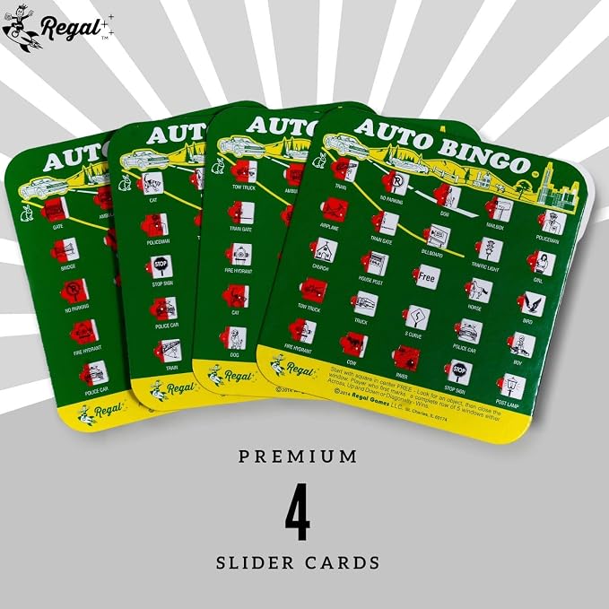 Regal Games Finger-Tip Shutter Bingo Cards with Sliding Windows - Auto Bingo Game Set - Assorted Travel Game for Adults & Kids - Reusable, No Chips & Daubers Needed - 4 Packs - Green