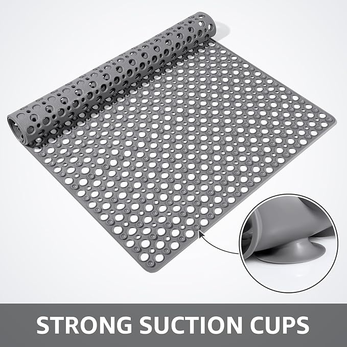 Yolife Large Shower Mat, 47 x 32 inch Non Slip Shower Mats for Inside Shower with Drain Hole, No Odor Soft TPE Shower Floor Mat, Extra Large Non Slip Shower Mat with Suction Cups, Grey