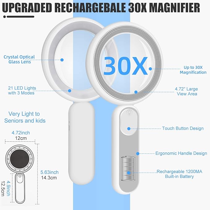 Rechargeable Magnifying Glass with Light, 30X 4.7IN Handheld Large Lightweight Lighted Magnify Len 21 LED 3 Modes Illuminated Book Magnifier for Senior,Reading,Inspection,Coin,JewelryChristmasGift