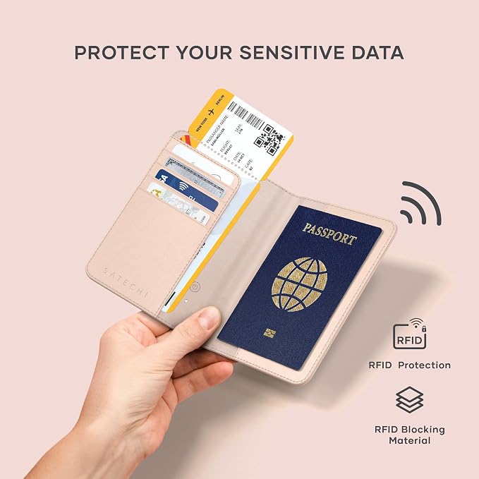 Satechi Passport Holder with Find My Tracking, Vegan Leather, Desert Rose | 4-slot card wallet, wireless charging, RFID protection, vegan leather