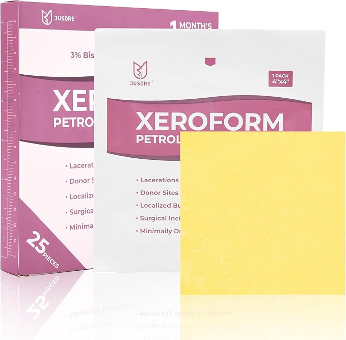 JUSORE Xeroform Petrolatum Dressing 4"x4" - FSA-HSA, Non Stick Gauze Pads | Medical Soft Fine Mesh Gauze Patch for Wound Care, Burns, Lacerations, Skin Grafts & Surgical Incisions, 25 Individual Pack