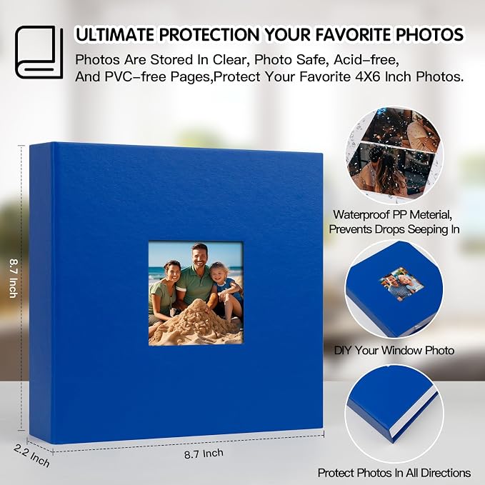 4x6 Photo Album Holds 240 Photos with Writing Space, Leather Cover Picture Book with Front Window for Family Wedding Baby Travel & Graduation Memories, Blue