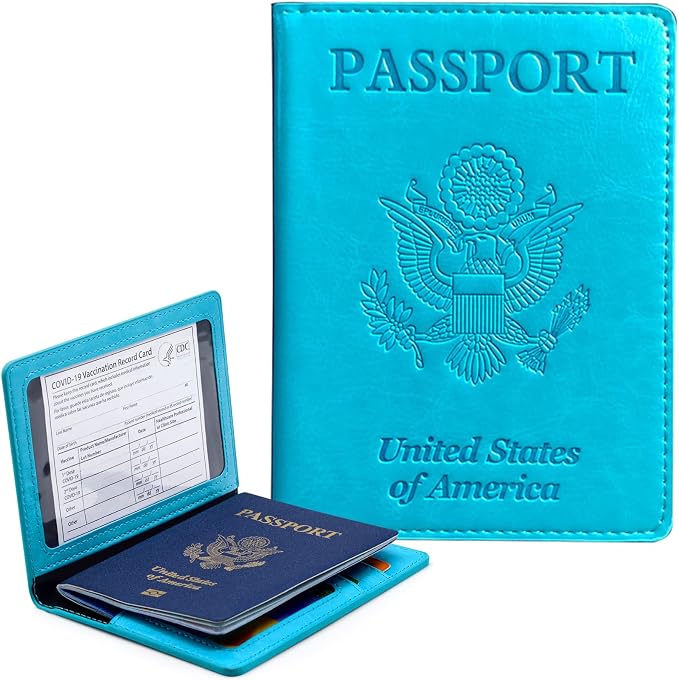 Passport Holder Cover Wallet Case RFID Blocking Leather Card Slot Travel Accessories Documents Organizer Protector for Women Men, Sky Blue