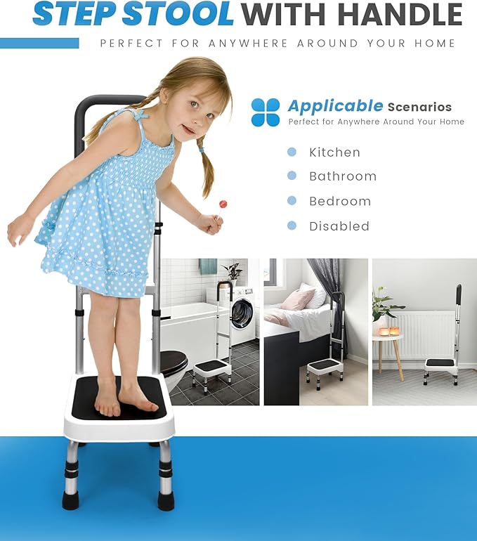 Sangohe Step Stool with Handle for Elderly, Aluminum Step Stools for Adults, Step Stool for Bed, Step Stool with Adjustable Handle and Legs, 275LBS Weight Capacity, 503A