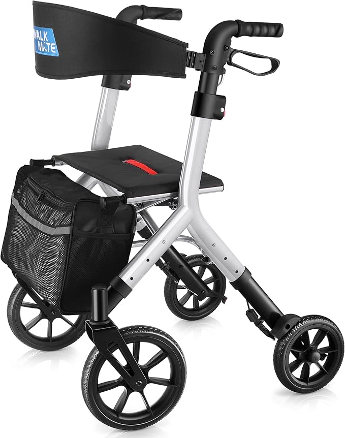 WALK MATE Rollator Walker for Seniors Taller 5.3~7ft with Height-Adjustable Seat, 10 Inch Wheels Wire-Hidden Walkers Compact Folding Design Lightweight Mobility Walking Aid Widen Backrest, Silver