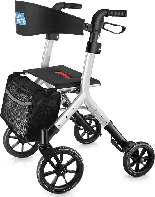 WALK MATE Rollator Walker for Seniors Taller 5.3~7ft with Height-Adjustable Seat, 10 Inch Wheels Wire-Hidden Walkers Compact Folding Design Lightweight Mobility Walking Aid Widen Backrest, Silver