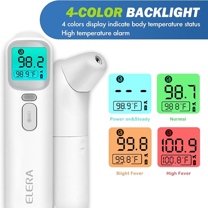 Elera Ear Thermometer for Kids, Baby Thermometer with Forehead and Ear Mode for Adults, Infant, Kids and Toddler, Touchless and 1 Second Reading with Fever Alarm and Mute Function, LCD