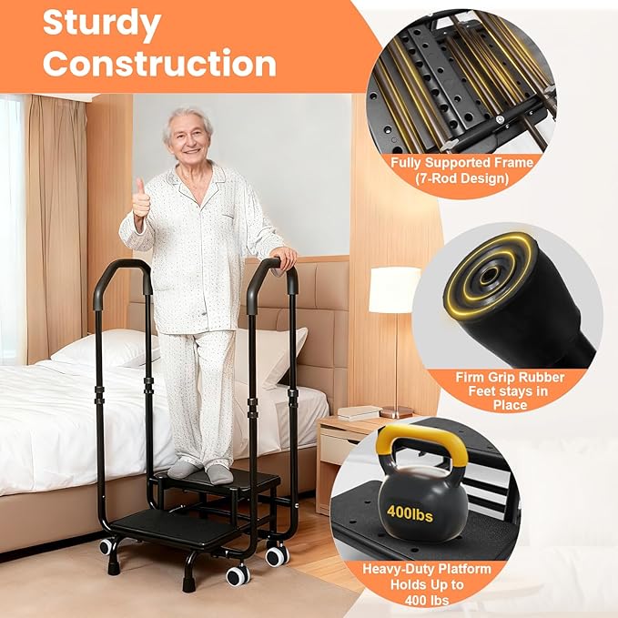 Step Stool with Handle for Elderly Adjustable Dual Handles, 4 Lockable Wheels, Non-Slip Platform Bed Steps for High Beds for Adults, Suitable for Bathtubs and Kitchens, Also Functions as a Foot Stool