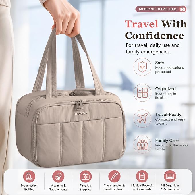 Travel Medicine Storage Bag with 2 Compartments, Wide-Mouth Medical Organizer, Puffy Lightweight First Aid Bag for Prescription Bottles, Pill Cases, Medical Supplies & Family Emergency Essentials