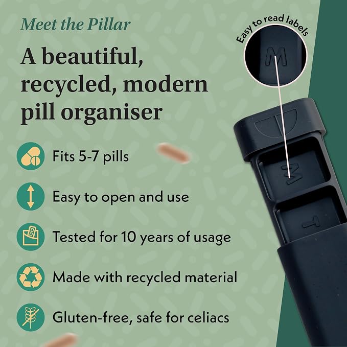 Pillar - 7-Day Pill Organizer | Weekly Medicine Pill Container Travel Box - Aesthetic Medication Holder - Stylish Travel Pill Case - Cute Small Medication Organizer 7 Day for Women (Jet Black)