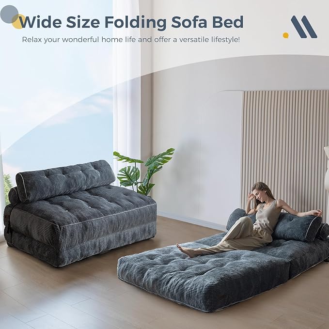 MAXYOYO Folding Sofa Bed, Convertible Sleeper Chair with Pilow Foldable Matress with Back Support, Portable Fold Out Chair Bed Comfy Floor Sofa Lounge for Living Room Bedroom, Dark Grey, Double