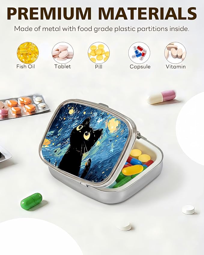 LRITER Pill Case, 2 Compartment Portable Small Travel Pill Organizer for Purse and Pocket, Stylish Medicine Case with Multiple Patterns, Daily Pillbox for Home & Travel (Blue Starry Sky Cat)