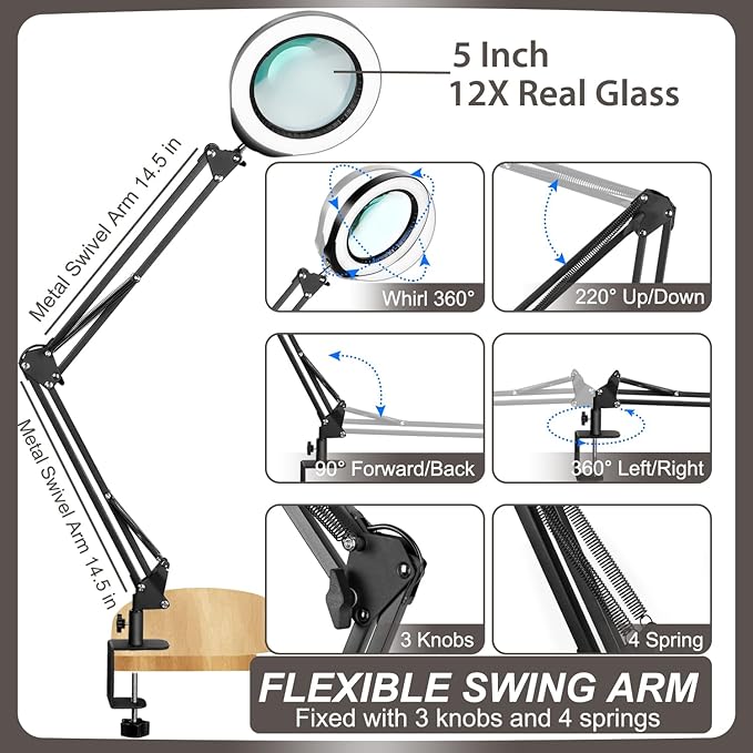 VEEMAGNI 12X 5 Inch Large Real Glass Magnifying Glass with Light and Stand, 5 Color Modes Stepless Dimmable, Long Swivel Arm LED Clamp Desk Lamp, Hands Free Lighted Magnifier for Reading Crafts Hobby