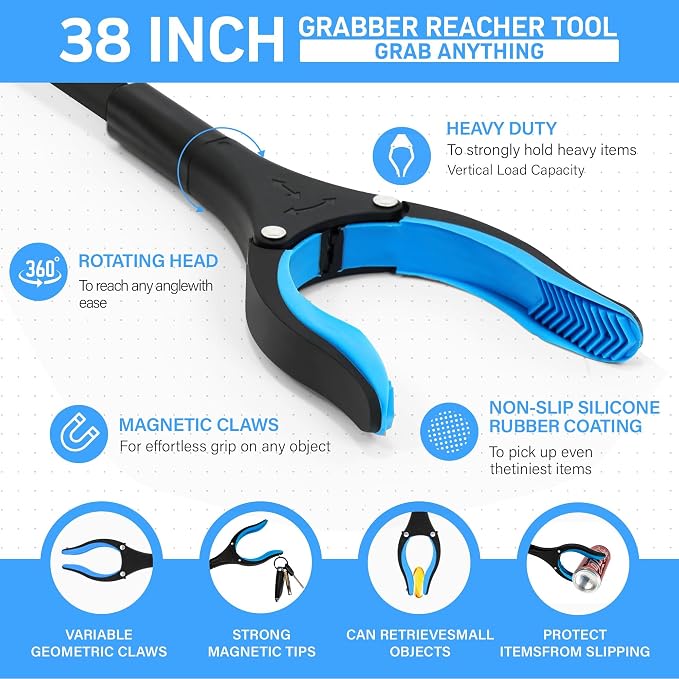 38" Extra Long Grabber Reacher Tool – 2 Pack Foldable Reacher Grabber Pickup Tools with 360° Rotating Jaw & Magnet - Heavy Duty Pick Up Grabbers for Seniors, Trash, Surgery Recovery (Blue Blue)