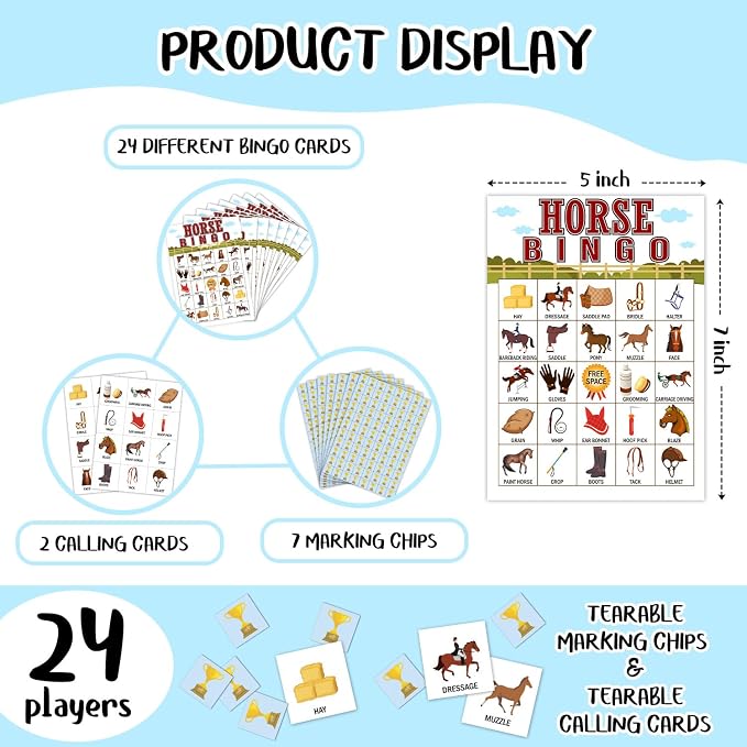 Horse Farm Bingo Cards, 24 Player Pony Party Bingo Game for Family Adult, Cowgirl Cowboy Party Favor, Large Group Party Celebration Activity -05