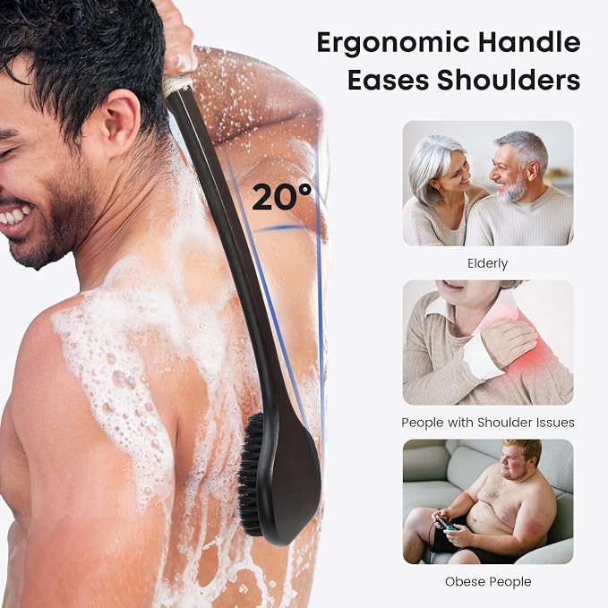 eaxun 17.3 Inches Bamboo Back Scrubber with Curved Long Handle for Shower | Exfoliating Shower Brush with Natural Boar Bristles for Men and Women, Anti-Slip Grip Back Washer for Bath or Dry Brushing