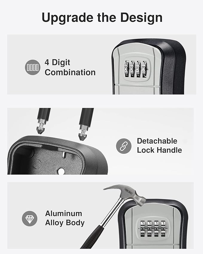 Puroma Key Lock Box Outdoor 4 Digit Code Combination Lockbox House, 4 Gray | For Contractors Guest Realtor Storage Keys, Portable, Home Wall Mount, Resettable, Combination, Weatherproof, High-capacity