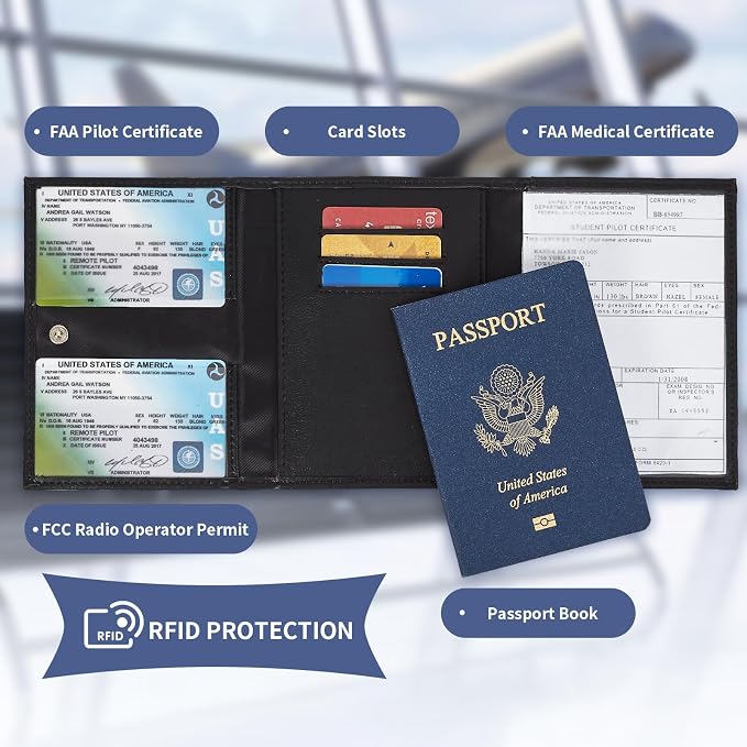 Pilot Wallet Passport Holder for Travel - RFID Blocking Genuine Leather Travel Document Holder with Gift Box Passport Wallet for Pilots Men and Women