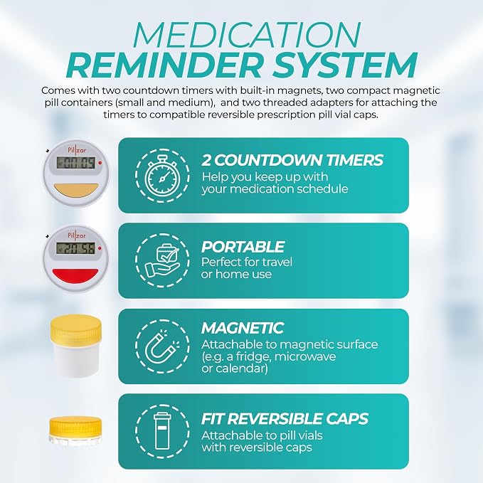 Portable Medication Reminder System with Two Timer Caps – Compact Organizer for Pills, Vitamins & Supplements for Travel or Home Use.