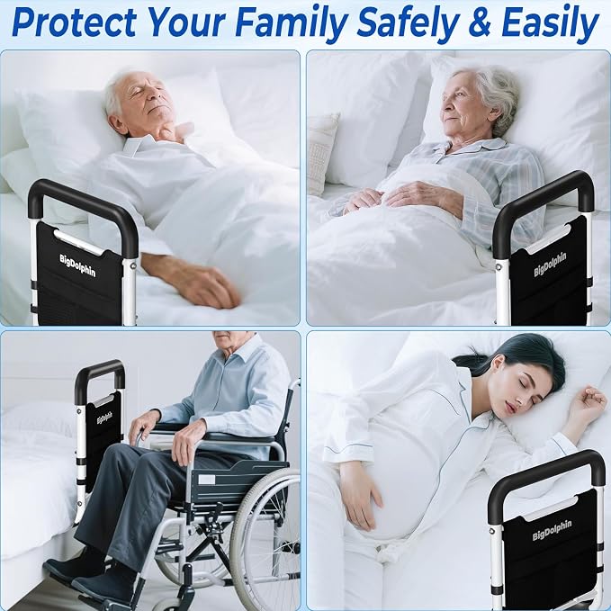 Bed Rails for Elderly Adults Safety - ASTM Approved, Adjustable Bed Cane with Non-Slip Ergonomic Handle & Storage Pocket, Bed Railings for Seniors Support 400 LBS, Tool-Free Assembly