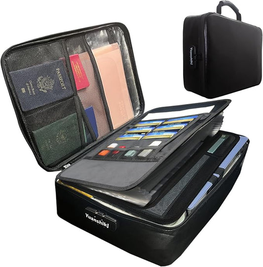 Yuanshikj Portable Fireproof Waterproof Document Organizer with Lock,Black | 3 digit Code,15.1"x11.2"x4.3",Heat Insulated Fire＆Water-Resistant Box 13 Layers File, Home Travel Safe Storage for Important