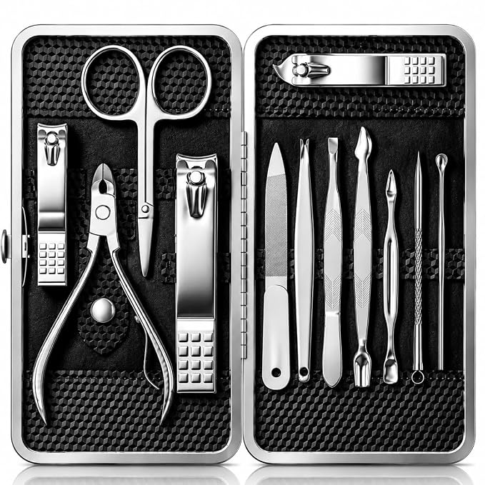 Manicure Set, Stainless Steel Nail Clipper Set with Luxurious Travel Case | 12-Piece Set with Thicker Steel, Precision-ground Cutting Edges, and Smooth-finished Tools for Clean, Precise Trimming.