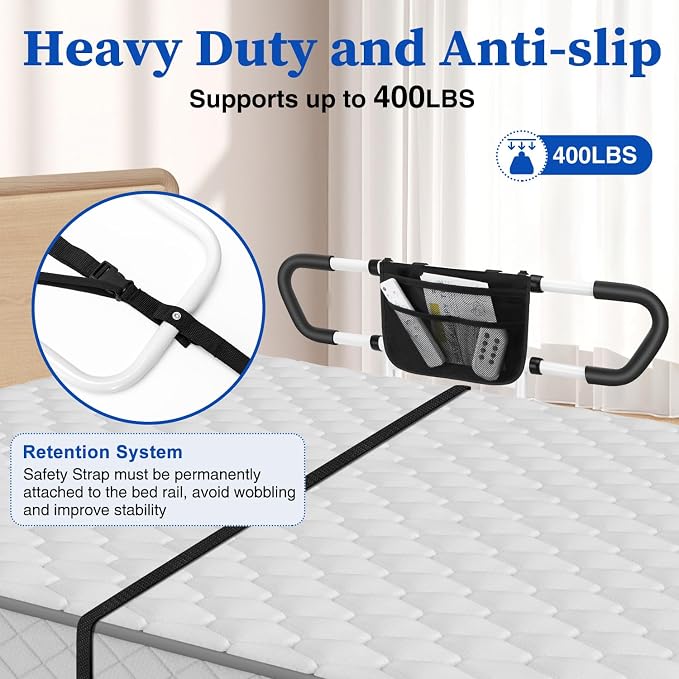 Bed Rails for Elderly Adults, Bed Handrails Grab Bar with Pouch | Fits Twin/Full/Queen/King. Heavy-duty steel, 400-lbs. Non-slip grip. Tool-free install either side. Ideal for seniors