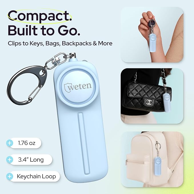 Weten Personal Safety Alarm Keychain for Women, Blue | 130dB Siren, LED Light, Panic Pin, Self-Defense Device, Emergency Whistle Alternative for College, Travel, and Night Walk