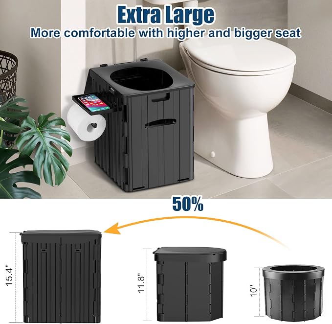 XL Portable Toilet for Adults, Extra Large 15.4"H Foldable Camping with Detachable Phone Shelf and Paper Holder, Waterproof Porta Potty Lid Camping, Hiking, Long Road Trips, Car