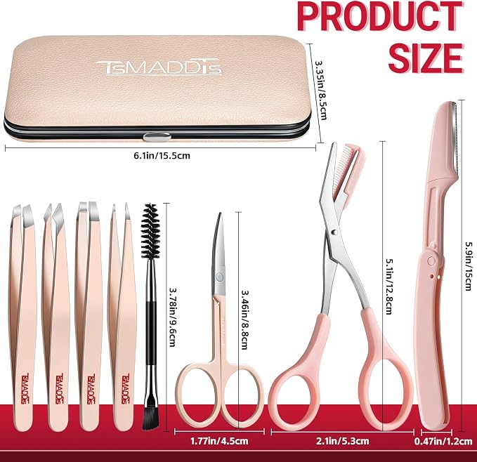TsMADDTs Tweezers for Women Facial Hair, 8-piece Eyebrow Kit with Bag | Stainless Steel Precision Tweezers Set for Eyebrow, Face, Nose, Lash, Ingrown & Splinter, Gift Set with Scissor, Razor, Brush