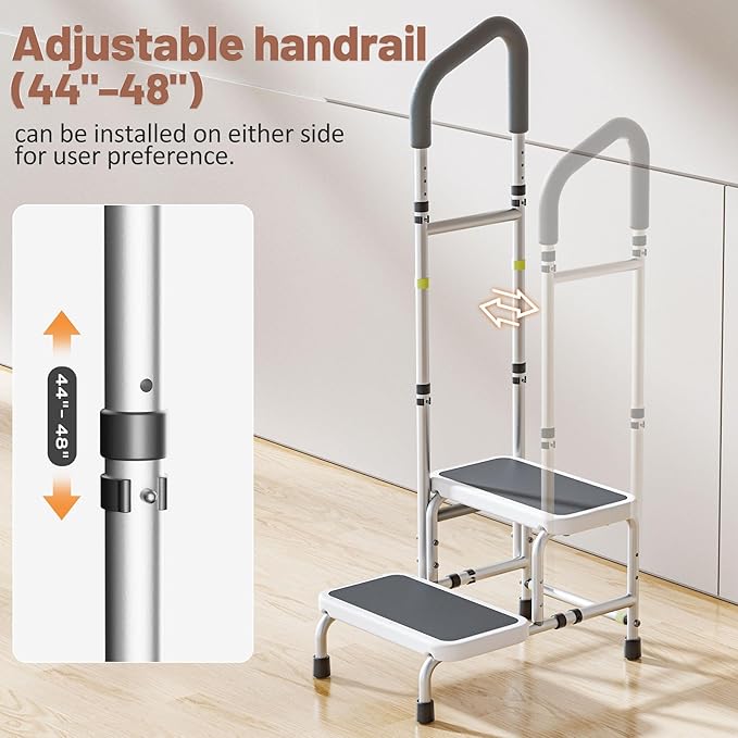 Bed Steps for High Beds for Adults, Heavy Duty Step Stool with Adjustable Handle for Elderly, Large Anti-Slip Platform, Support up to 400lbs, Safety Step Stools for Bathroom, Outdoor & Car Use