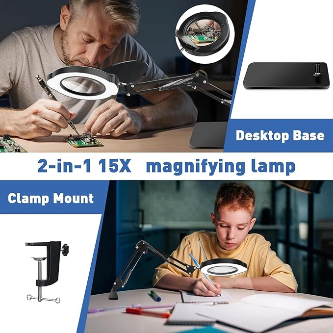 15X Desk Magnifying Glass with Light and Stand,Real Glass EyeCare LED Lighted Magnifier,5 Color Modes Stepless Dimmable,Hands Free 2-in-1 Desk Lamp for Craft Reading Painting Hobby Close Work