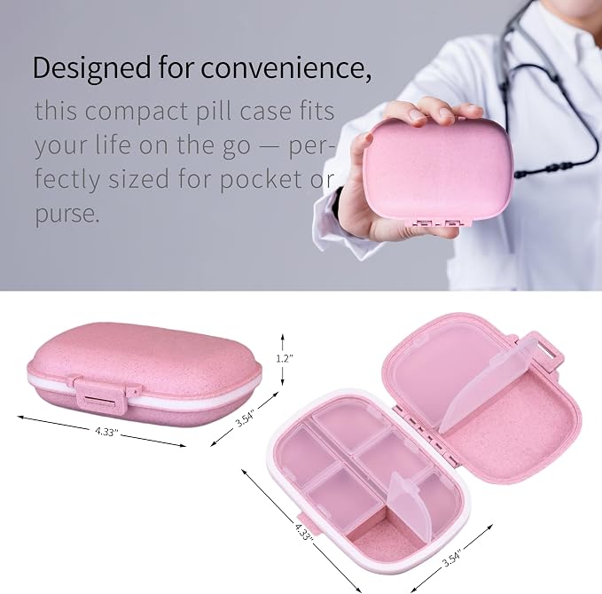 iouwei 7 Day Pill Container with Medicine Labels - Mini Medication Organizer, Travel Essentials, 161 Labels (Pink)