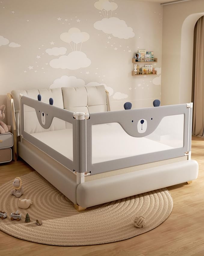2 Piece Bed Rails for King Size Bed, No-Drill Needed Baby Bed Rail Guard | Thickened Child Safety Side Railing Guards, Height Adjustable Bedrail for Kids, 2-Side for King Bed , 74.8”x78.7”,Grey Bear